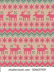 Christmas knitted colorful vector seamless pattern with deer and snowflakes.