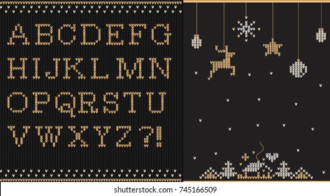 Christmas knitted font. Knitted golden alphabet on seamless black background. Modern holiday vector illustration.