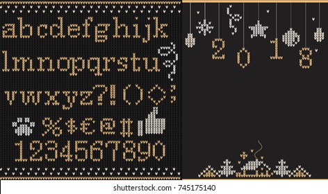 Christmas knitted font. Knitted golden alphabet on seamless black background. Modern holiday vector illustration.