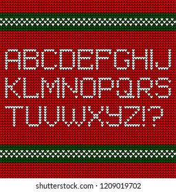 Christmas knitted font, latin alphabet. Vector flat illustration. Nordic fair isle knitting