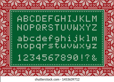 Christmas Knitted Font. Latin Alphabet Letters and Numbers on Wool Knit Seamless Background