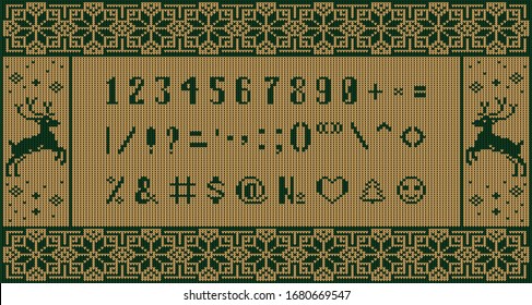 Christmas knitted font. Latin Alphabet on seamless background. Nordic Fair Isle knitting sweater design
