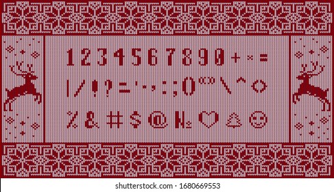 Christmas knitted font. Latin Alphabet on seamless background. Nordic Fair Isle knitting sweater design