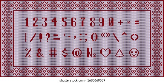 Christmas knitted font. Latin Alphabet on seamless background. Nordic Fair Isle knitting sweater design