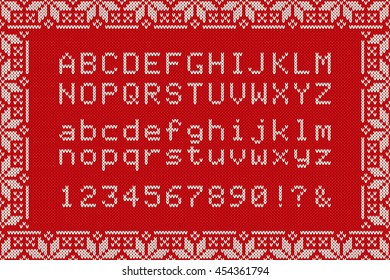 Christmas Knitted Font. Knitted Latin Alphabet on Seamless Background. Nordic Fair Isle Knitting Sweater Design