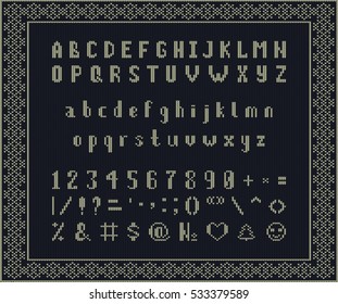 Christmas knitted font. Latin Alphabet on seamless background. Nordic Fair Isle knitting sweater design