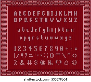 Christmas knitted font. Latin Alphabet on seamless background. Nordic Fair Isle knitting sweater design