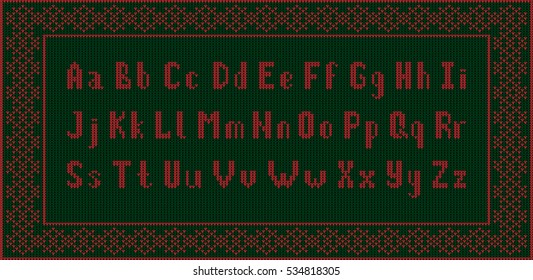 Christmas knitted font. Latin Alphabet on seamless background. Knitting sweater design