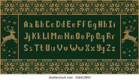 Christmas knitted font. Latin Alphabet on seamless background. Nordic Fair Isle knitting sweater design