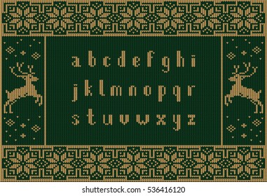 Christmas knitted font. Latin Alphabet on seamless background. Nordic Fair Isle knitting sweater design