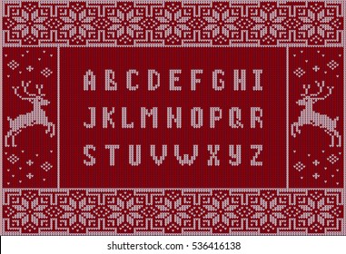 Christmas knitted font. Latin Alphabet on seamless background. Nordic Fair Isle knitting sweater design