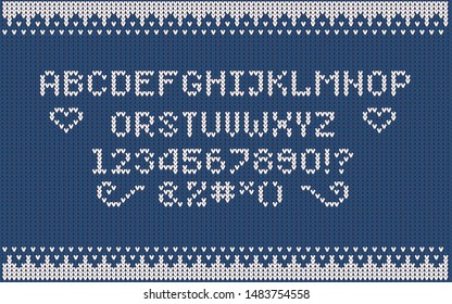 Christmas knitted font. Nordic Fair Isle Knitting Sweater Design. Knitted latin alphabet.