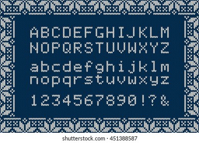 Christmas Knitted Font. Nordic Fair Isle Knitting Sweater Design. Knitted Latin Alphabet on Seamless Background.