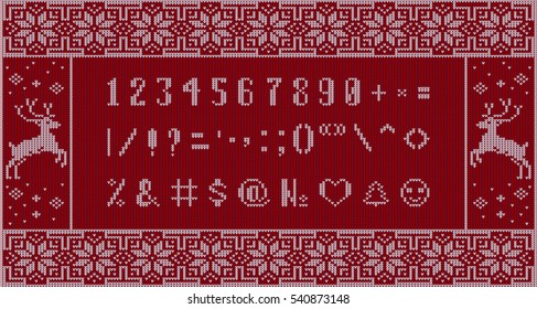 Christmas knitted font. Numbers and symbols on seamless background. Nordic Fair Isle knitting sweater design