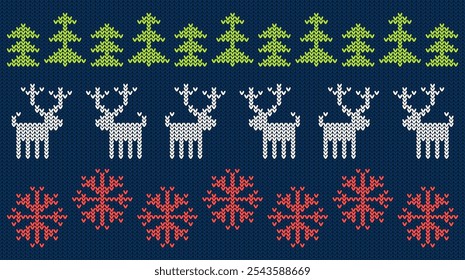 Patrón de vacaciones de punto de Navidades: ciervos, abetos, copos de nieve rojos. Conjunto sobre fondo azul oscuro con Elementos decorativos verdes y blancos. Textura de suéter de tela tejida de Navidad. Ilustración vectorial