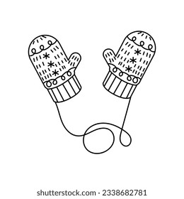 Christmas knitted mittens. Hand drawn doodle style. Vector illustration isolated on white. Coloring page.