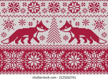 Christmas knitted ornament with foxes. Fashion jacquard pattern  for ugly sweater design. Winter knit style. Red and white vector illustration.