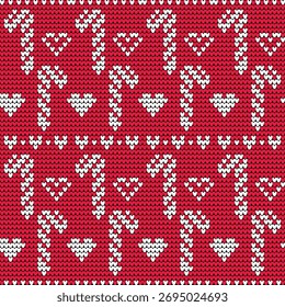 Christmas Knitted Pattern with Candy Canes and Hearts Red Winter Seamless Texture