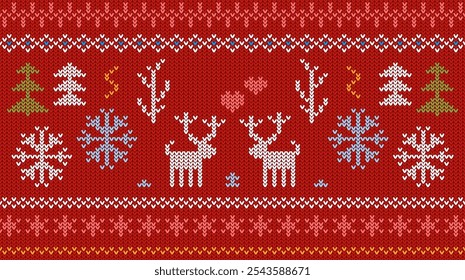 Patrón de Navidades de punto con ciervos, copos de nieve, abetos y corazones. Fondo rojo clásico con Elementos decorativos blancos, verdes y azules. Textura de suéter de tela tejida de Navidad. Ilustración vectorial