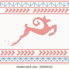 Christmas knitted pattern with jumping goat or deer or sheep. New year's vector illustration. Christmas concept for banner, placard, billboard or web site. New Year retro greeting card and background.