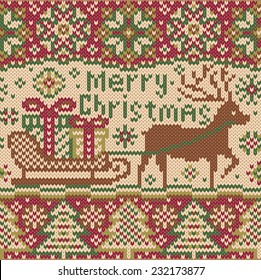 Christmas knitted pattern with reindeer. Beautiful seamless border. Northern style. Deer and sledge with gifts boxes. Creative vector illustration.