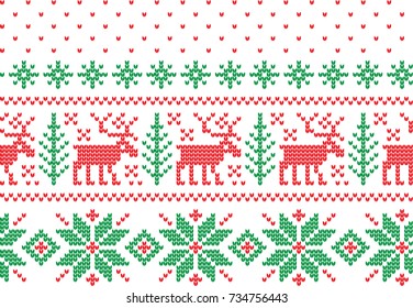 Christmas Knitted Pattern with Reindeer Winter Holiday Knitting Pattern with a Christmas Trees. Christmas Knitting Sweater Design. Wool Knitted Texture