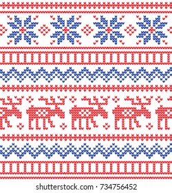 Christmas Knitted Pattern with Reindeer Winter Holiday Knitting Pattern with a Christmas Trees. Christmas Knitting Sweater Design. Wool Knitted Texture