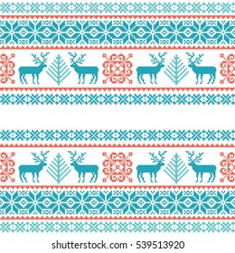 Christmas knitted pattern. Traditional winter background in scandinavian style with place for yuor text 