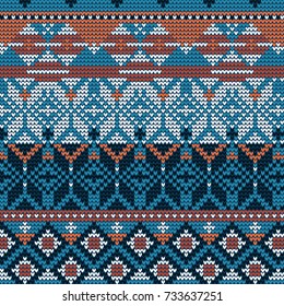 Christmas knitted pattern vector illustration of a seamless blue, red and white background