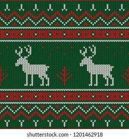 Christmas knitted pattern. Winter geometric seamless pattern. Design for sweater, scarf, comforter or clothes texture. Vector illustration.