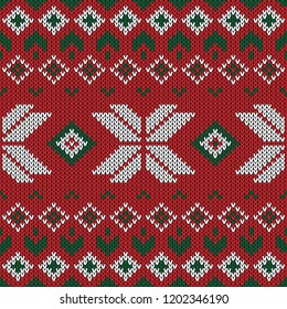 Christmas knitted pattern. Winter geometric seamless pattern. Design for sweater, scarf, comforter or clothes texture. Vector illustration.