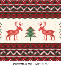Christmas knitted pattern. Winter geometric seamless pattern. Design for sweater, scarf, comforter or clothes texture. Vector illustration.