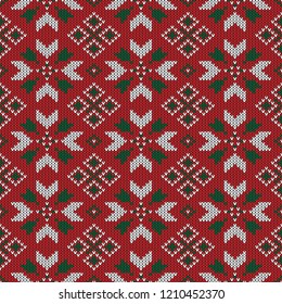 Christmas knitted pattern. Winter geometric seamless pattern. Design for sweater, scarf, comforter or clothes texture. Vector illustration.