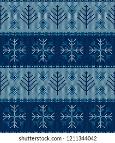 Christmas knitted pattern. Winter geometric seamless pattern. Design for sweater, scarf, comforter or clothes texture. Vector illustration.