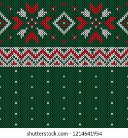 Christmas knitted pattern. Winter geometric seamless pattern. Design for sweater, scarf, comforter or clothes texture. Vector illustration.