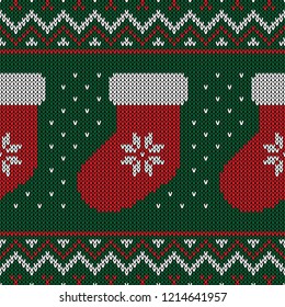Christmas knitted pattern. Winter geometric seamless pattern. Design for sweater, scarf, comforter or clothes texture. Vector illustration.