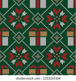 Christmas knitted pattern. Winter geometric seamless pattern. Design for sweater, scarf, comforter or clothes texture. Vector illustration.