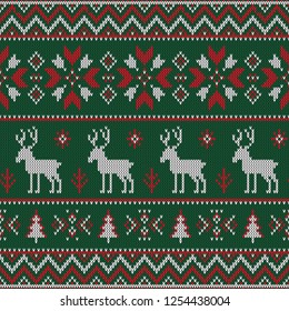 Christmas knitted pattern. Winter geometric seamless pattern. Design for sweater, scarf, comforter or clothes texture. Vector illustration.