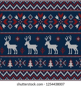 Christmas knitted pattern. Winter geometric seamless pattern. Design for sweater, scarf, comforter or clothes texture. Vector illustration.