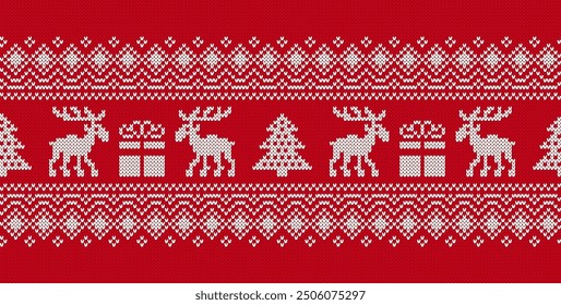 Christmas knitted pattern. Xmas seamless background with deer and gift box. Knit sweater print. Festive traditional ornament. Holiday winter texture. Wool scandinavian pullover. Vector illustration.