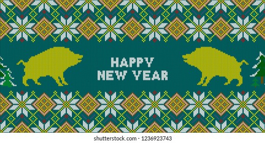 Christmas knitted pattern with yellow wild boars. Happy New Year - Year of the yellow Earth pig