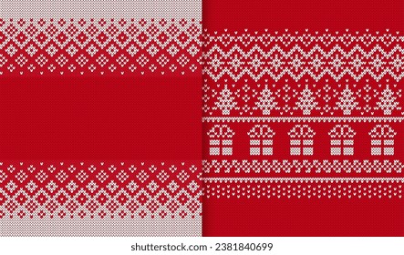 Impresión de punto de Navidad con árboles y cajas de regalo. Texturas de suéter de tejido con cuchillos rojos. El invierno de Navidad es un patrón sin fisuras. Festividad de adorno tradicional. Ilustración del vector de pullover de lana festiva