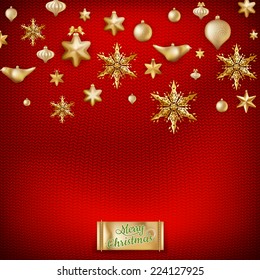 Christmas knitted red background with decorations and label. EPS 10 vector file included