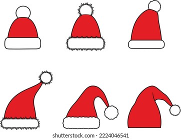 Christmas knitted red cap flat sketch. Holiday hat set apparel design. New year knitwear. CAD mockup. Technical drawing template. Vector illustration.