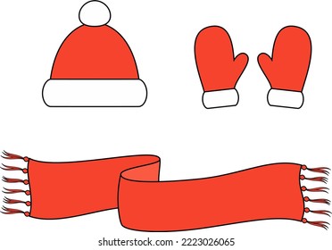 Christmas knitted red cap, mittens, scarf. New year accessory flat sketch. Knitwear CAD mockup. Technical drawing template. Vector illustration.