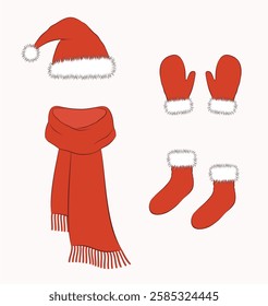 Christmas knitted red cap, mittens, socks, scarf. New year accessory flat sketch. Knitwear CAD mockup. Technical drawing template. Vector illustration.