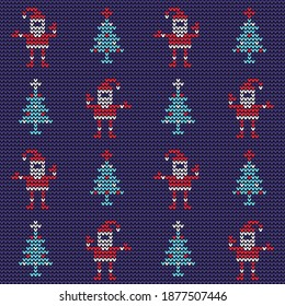 Christmas knitted seamless pattern. Knit ornament with Santa and Christmas tree. Vector illustration.