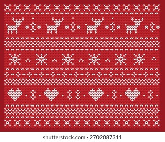 Natal tricotado padrão sem costura com flocos de neve. Ilustração vetorial no plano de fundo vermelho