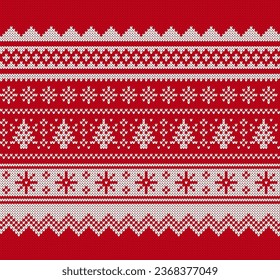 Christmas knitted seamless pattern. Knitted sweater holiday print. Xmas geometric border. Red background with tree and snowflakes. Fair isle traditional texture. Festive winter ornament. Vector.