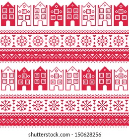Christmas knitted seamless pattern with town houses, adn snowflakes